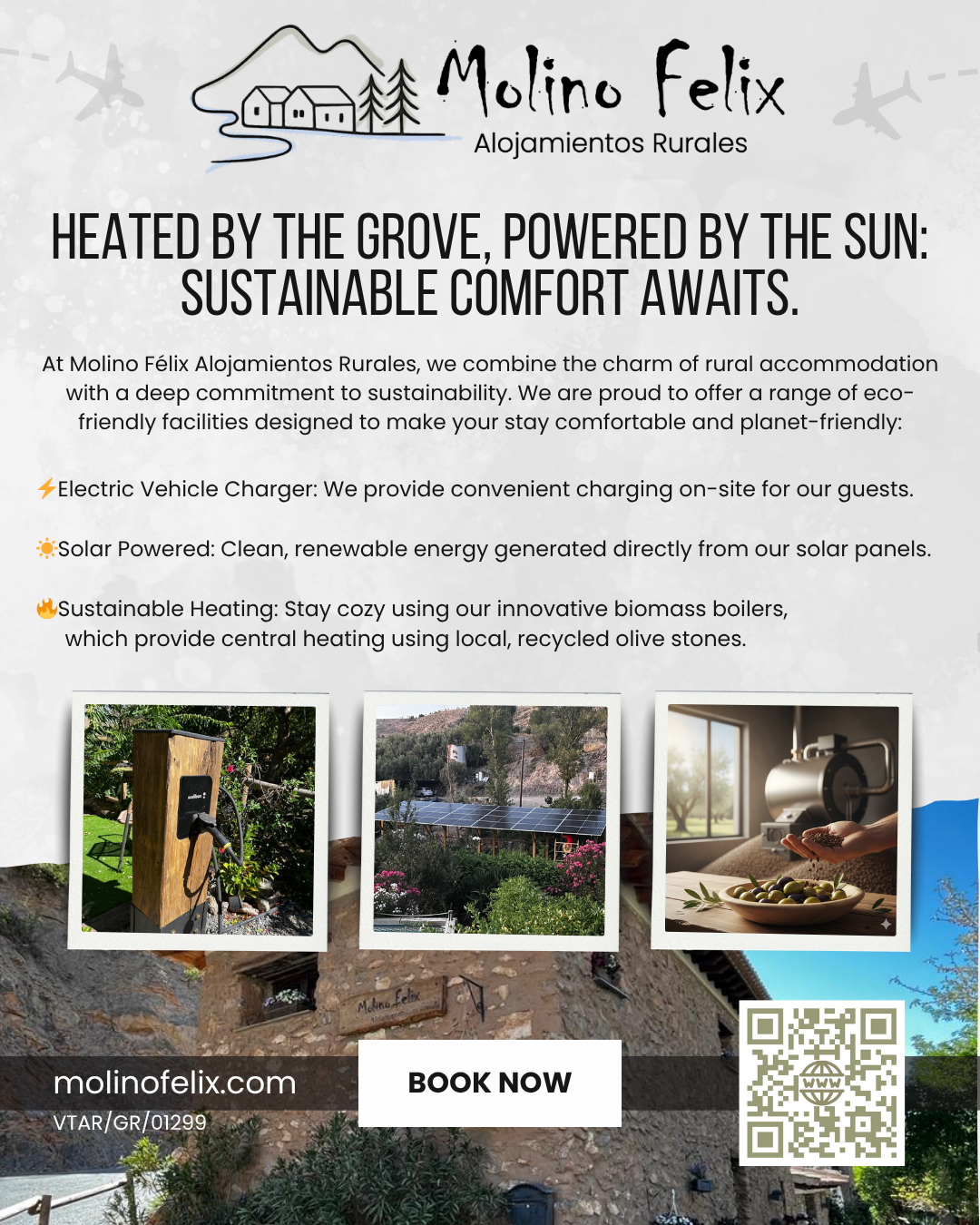 Ecofriendly facilities: electric car charger, biomass central heating and solar panels